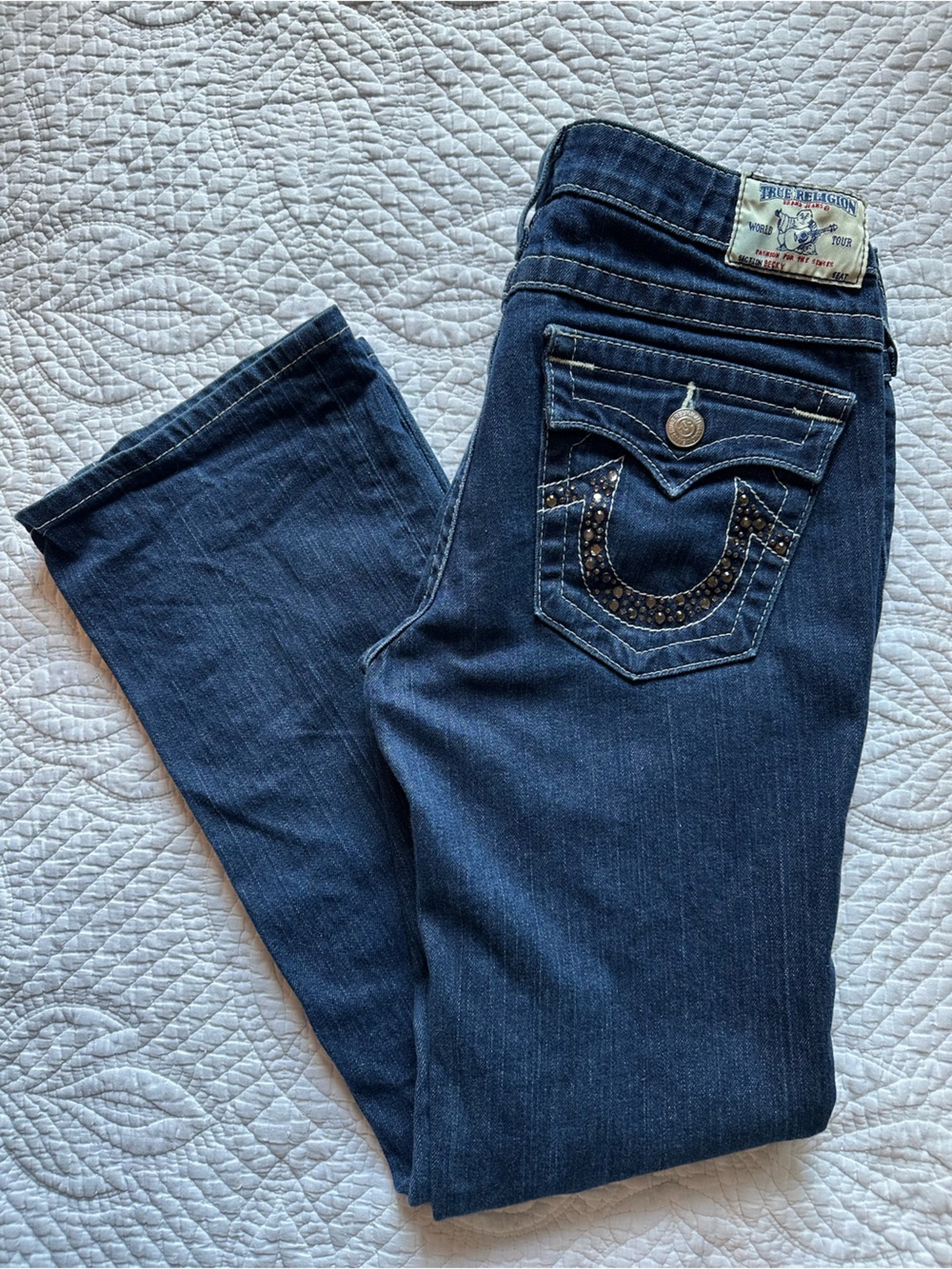 True Religion Women’s Dark Blue Rhinestone Bootcut Jeans - Picture 2 of 5